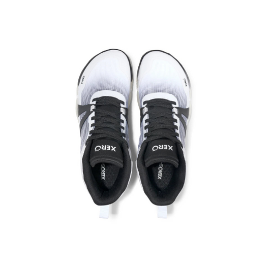 Pair of black and white running shoes with 'Xero' branding on a white background