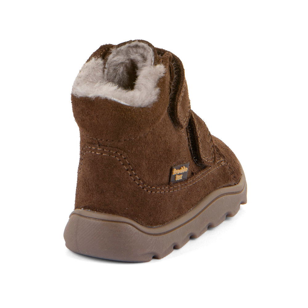 Froddo Zeru Tex Furry children's barefoot winter ankle boots in dark brown, rear view, G2110151-13