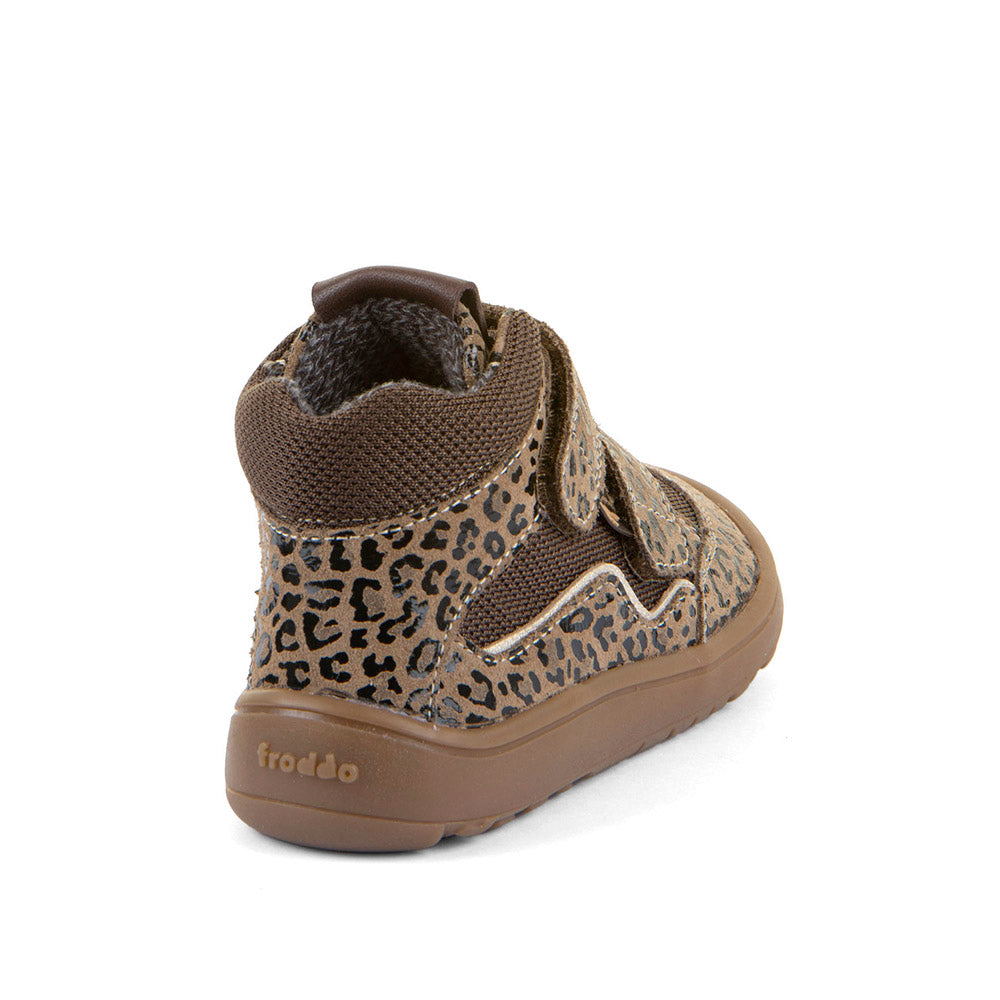 Froddo Tex Autumn bēši bērnu baskāju puszābaki ar leoparda rakstu, skats no aizmugures
