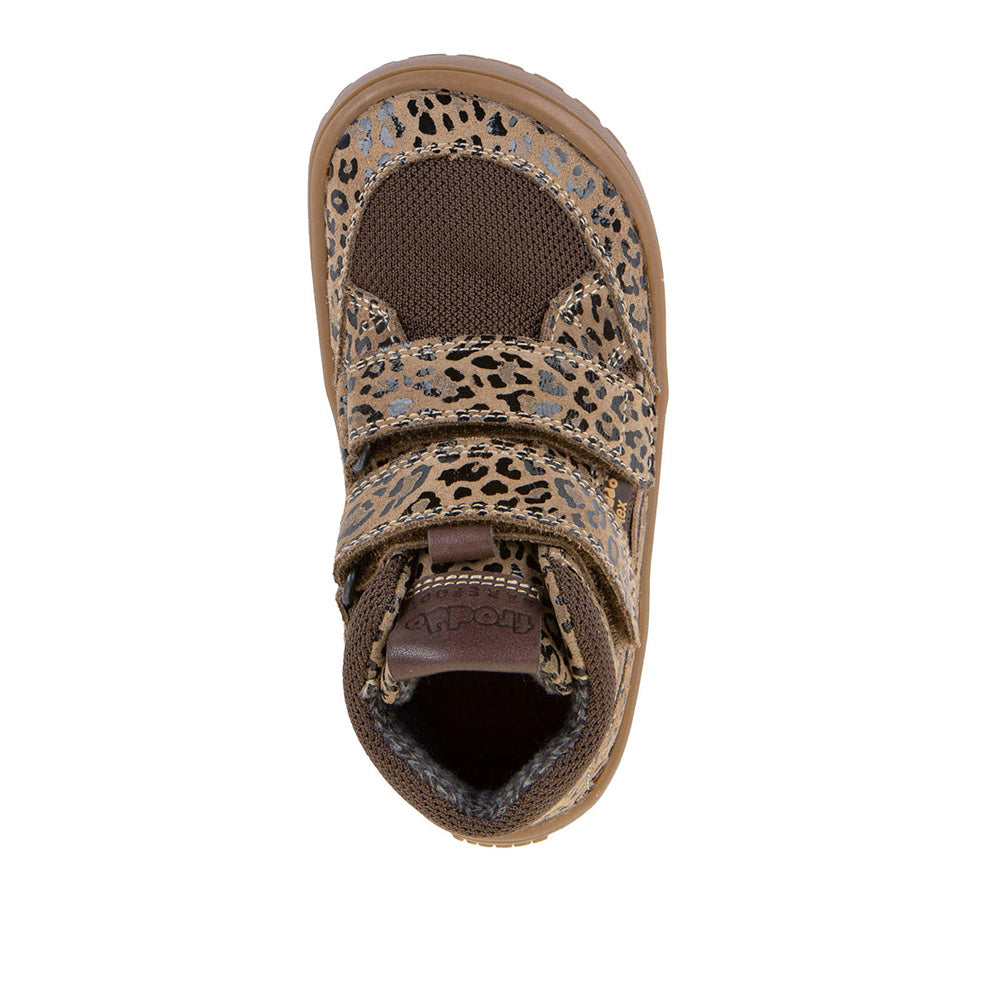 Froddo Tex Autumn bēši bērnu baskāju puszābaki ar leoparda rakstu, skats no augšas