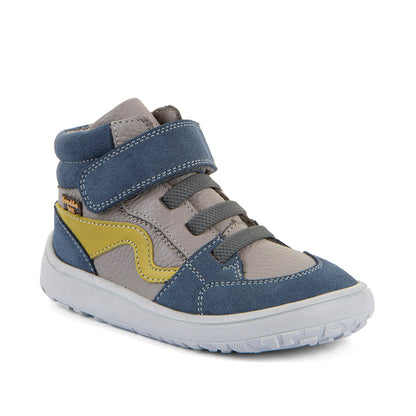 Froddo Tex Go grey and blue children's barefoot ankle boots, angled view
