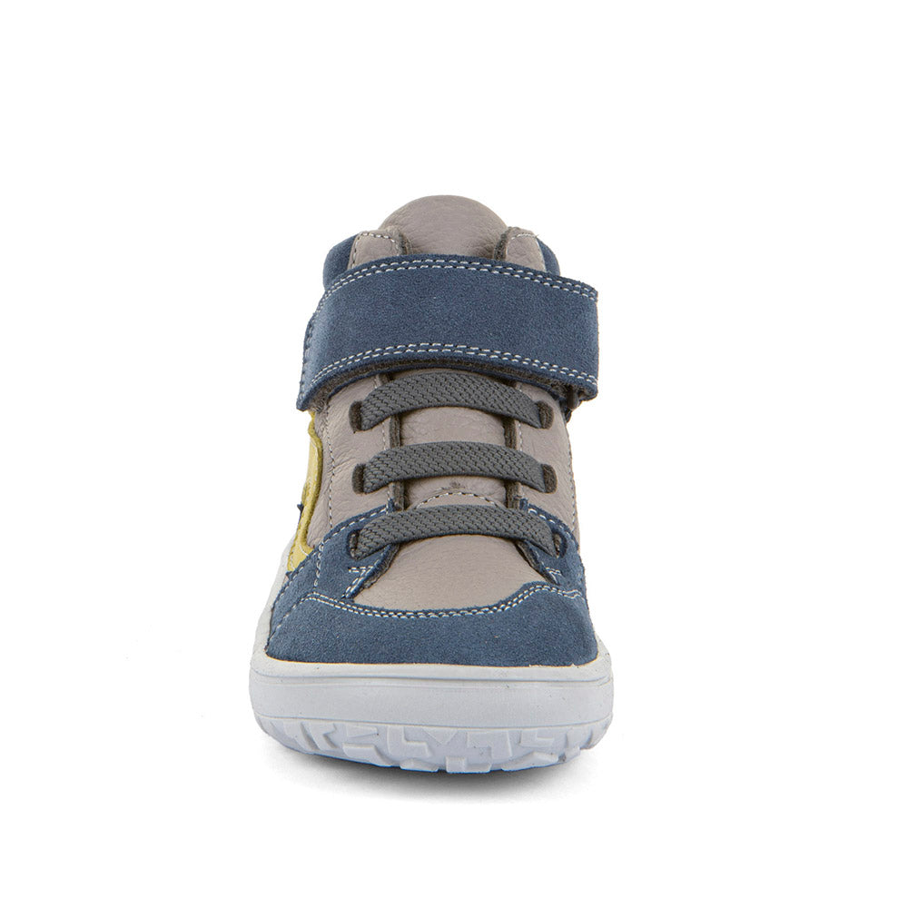 Froddo Tex Go grey and blue children's barefoot ankle boots, front view