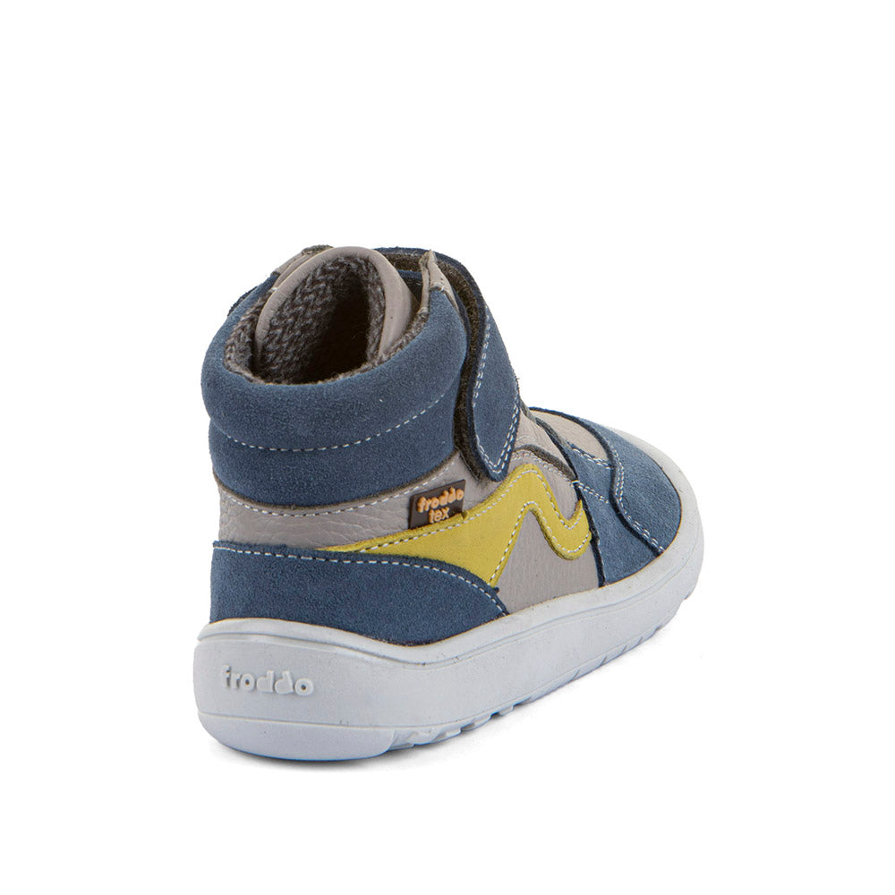 Froddo Tex Go grey and blue children's barefoot ankle boots, rear view