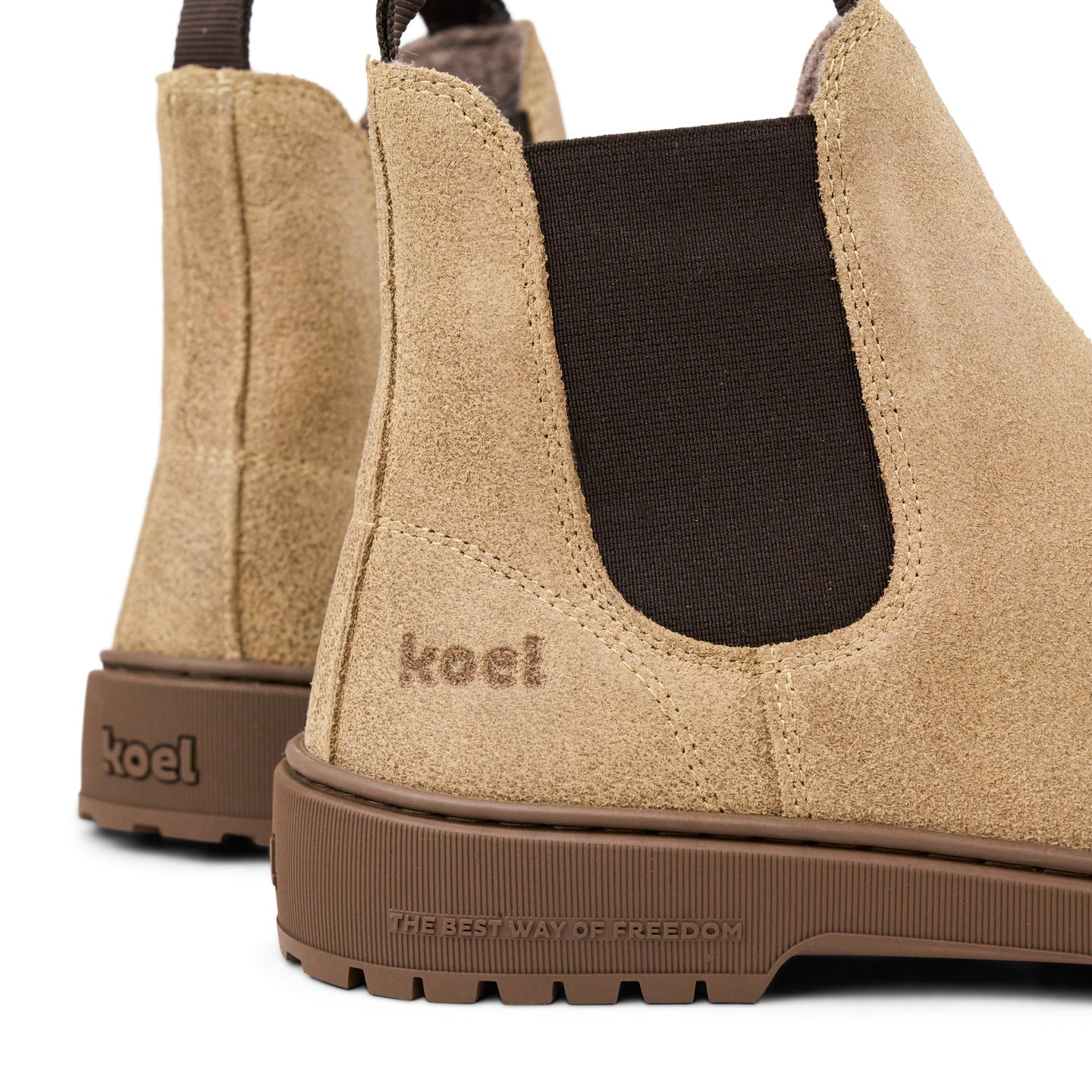 Taupe Koel Gavien Suede Felt women's barefoot ankle boots, close-up detail