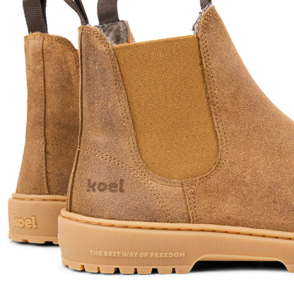 Cognac Koel Gavien Suede Wool women's barefoot ankle boots, close-up detail