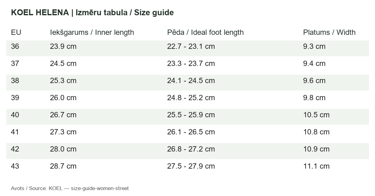 Koel helena izmēru tabula / size guide
