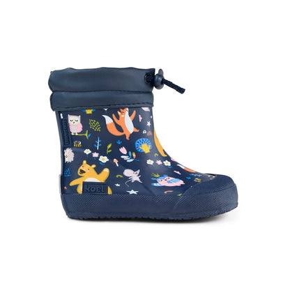 Blue Koel Wibi Print children's barefoot wellies with bears, side view