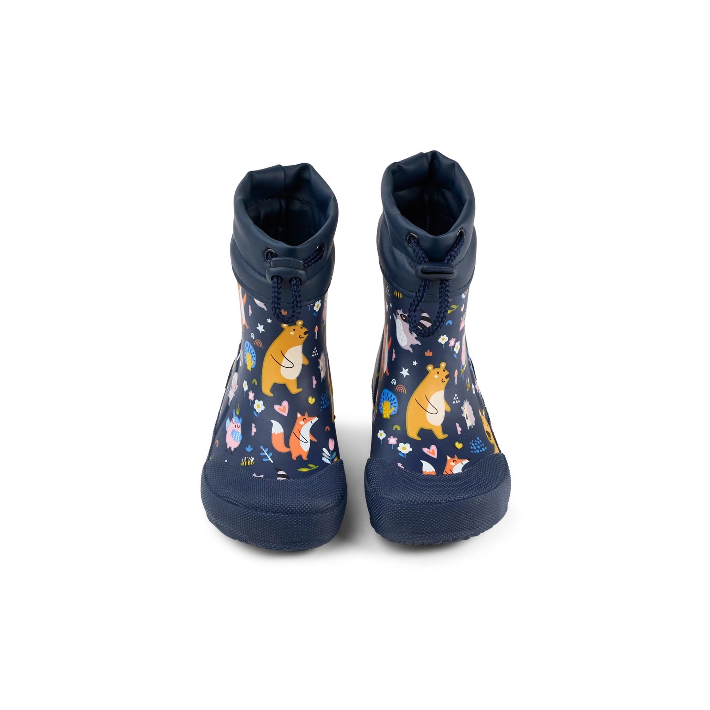 Blue Koel Wibi Print children's barefoot wellies with bears, front view