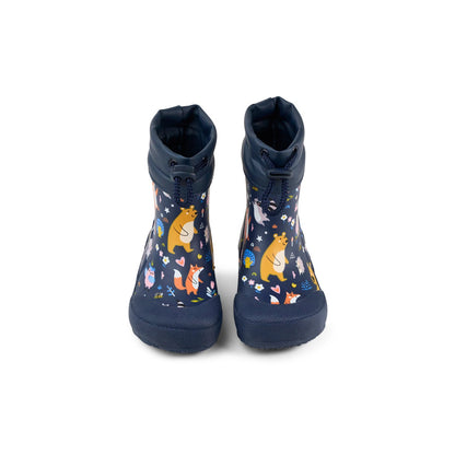 Blue Koel Wibi Print children's barefoot wellies with bears, front view