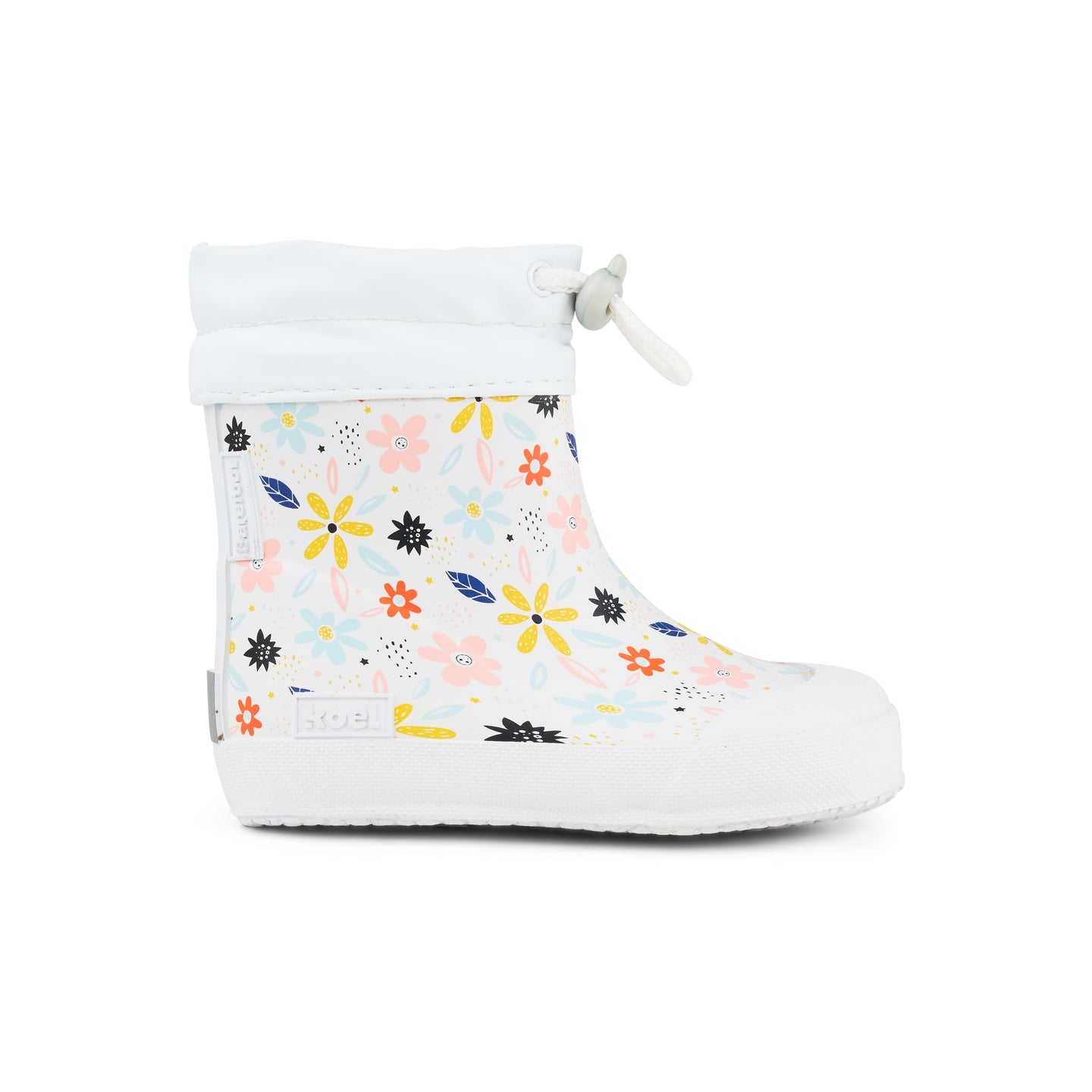 White Koel Wibi Print children's barefoot wellies with flowers, side view