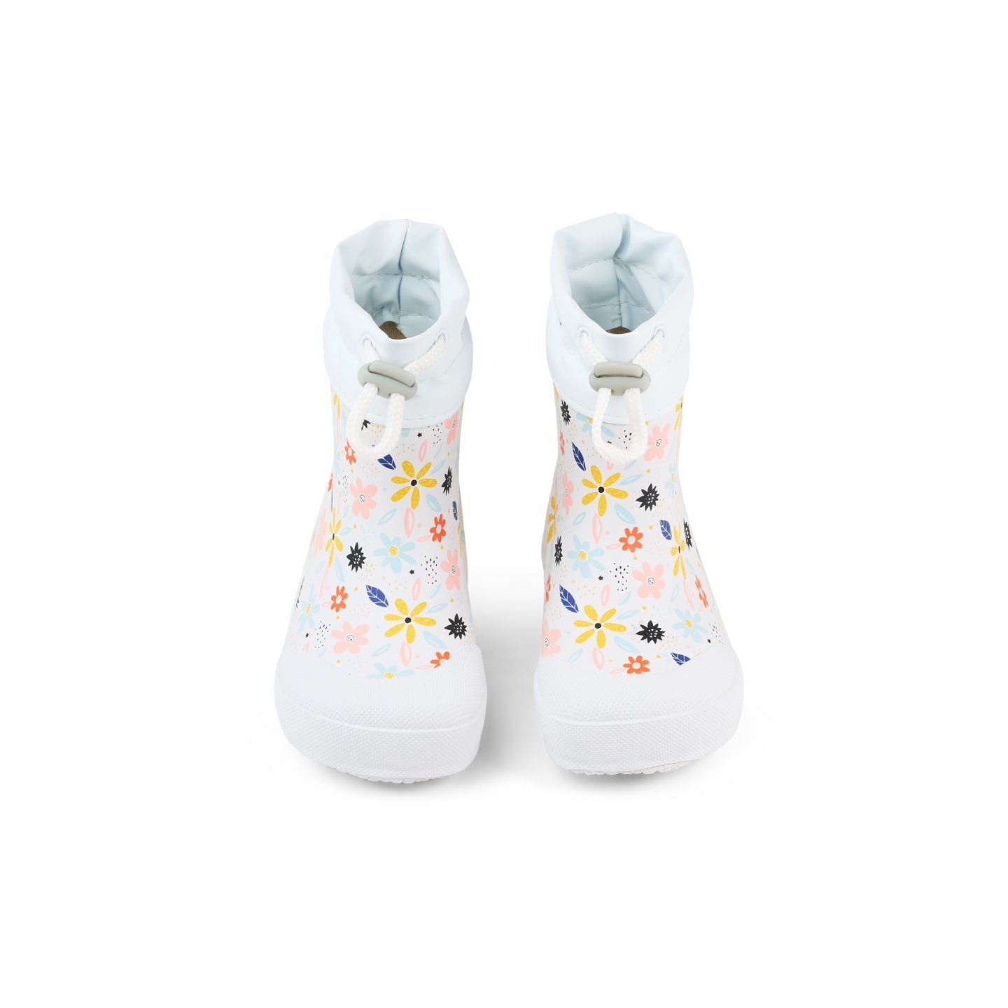 White Koel Wibi Print children's barefoot wellies with flowers, front view