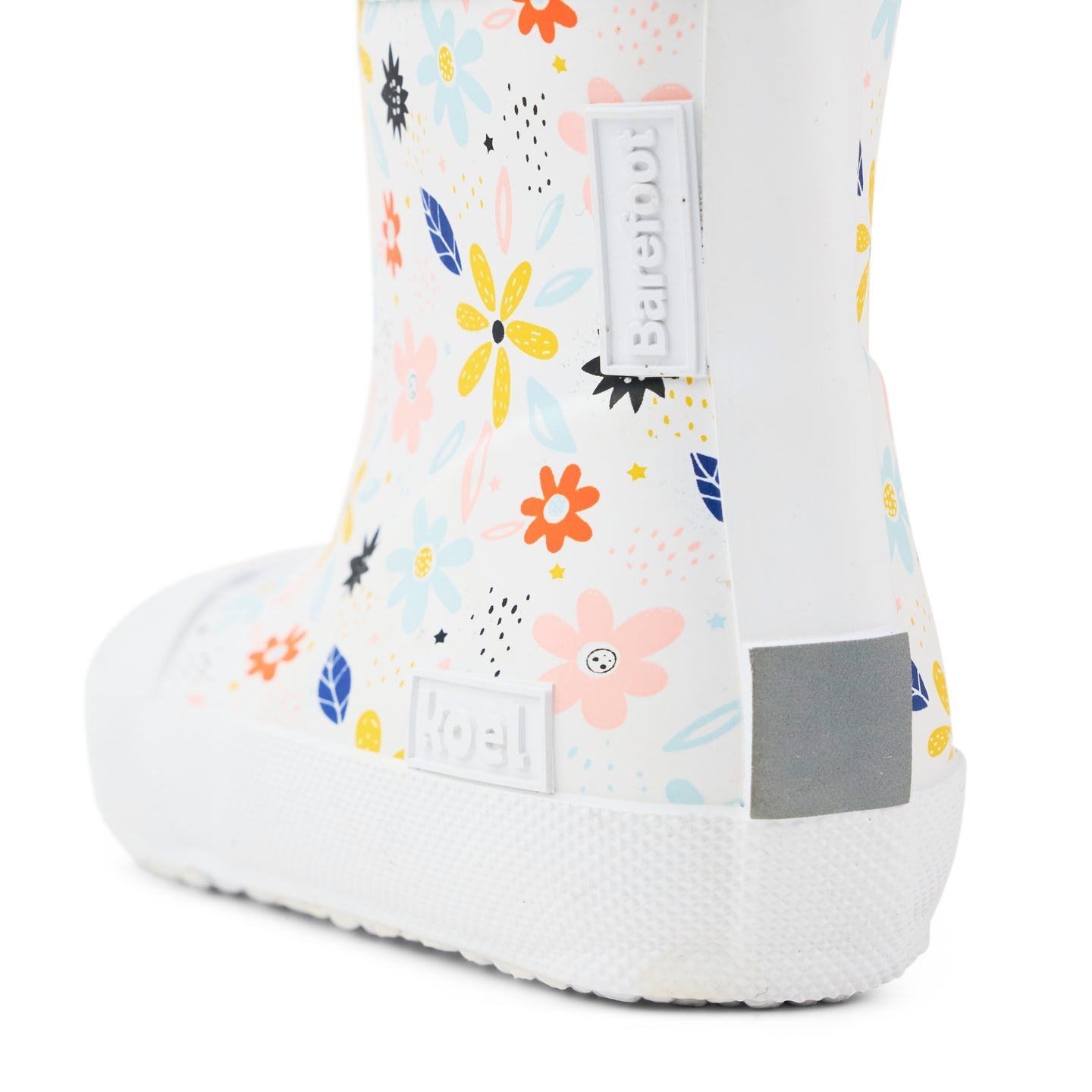 White Koel Wibi Print children's barefoot wellies with flowers, close-up detail
