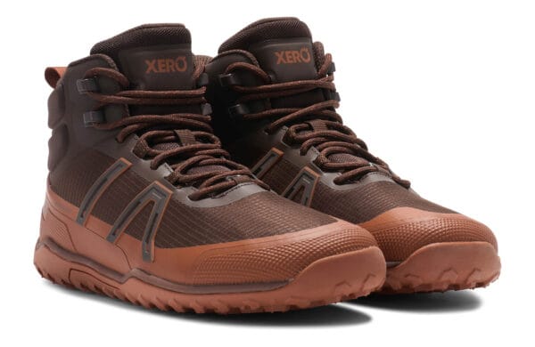 Angled view of Xero Shoes hiking boots (brown) - TMXM-JNMQ