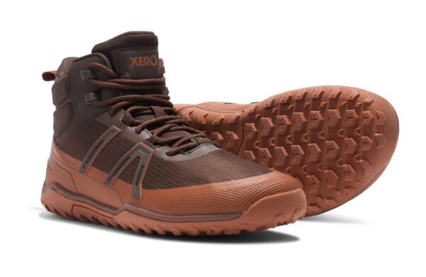 Angled view of Xero Shoes hiking boots (brown) - TMXM-JNMQ
